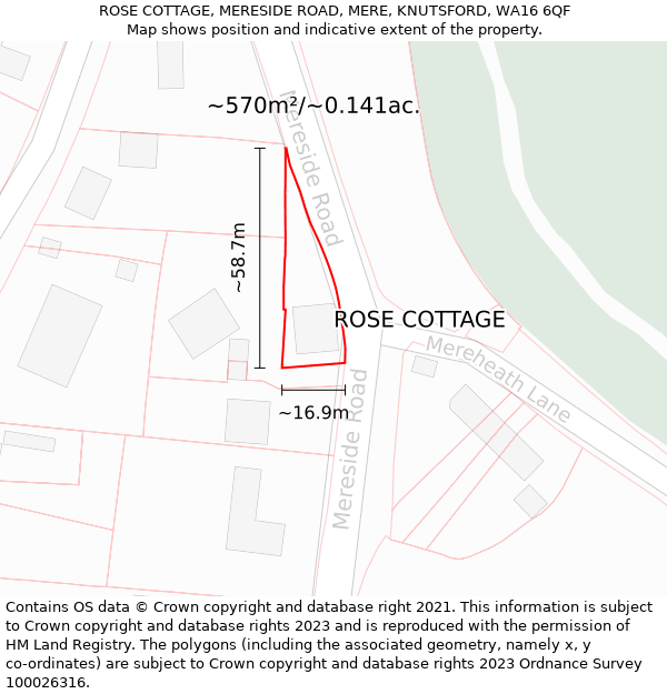 ROSE COTTAGE, MERESIDE ROAD, MERE, KNUTSFORD, WA16 6QF: Plot and title map