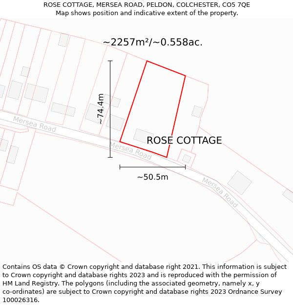 ROSE COTTAGE, MERSEA ROAD, PELDON, COLCHESTER, CO5 7QE: Plot and title map