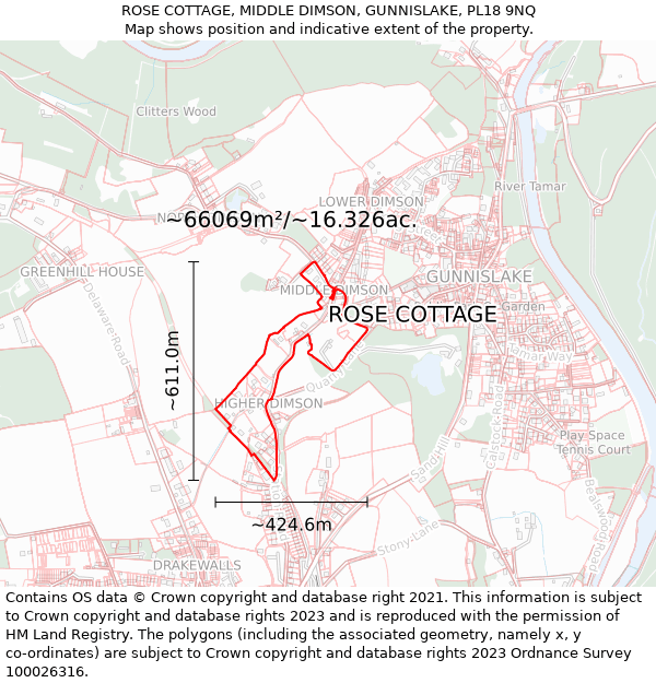 ROSE COTTAGE, MIDDLE DIMSON, GUNNISLAKE, PL18 9NQ: Plot and title map