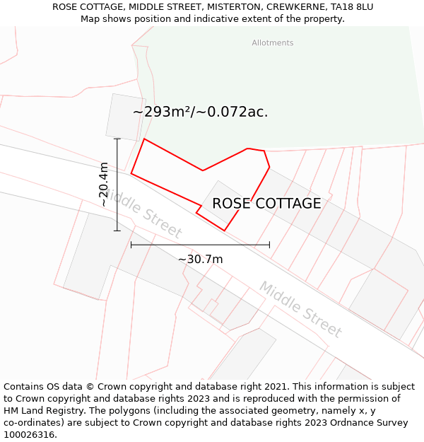 ROSE COTTAGE, MIDDLE STREET, MISTERTON, CREWKERNE, TA18 8LU: Plot and title map