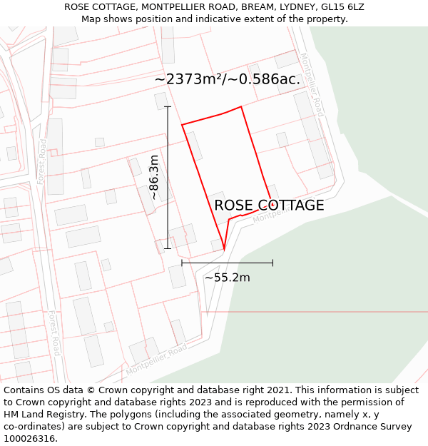 ROSE COTTAGE, MONTPELLIER ROAD, BREAM, LYDNEY, GL15 6LZ: Plot and title map