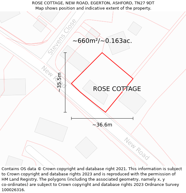 ROSE COTTAGE, NEW ROAD, EGERTON, ASHFORD, TN27 9DT: Plot and title map