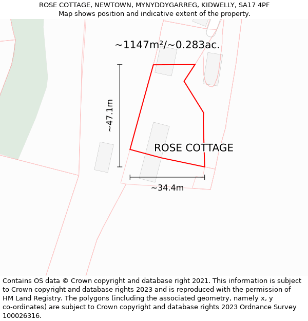 ROSE COTTAGE, NEWTOWN, MYNYDDYGARREG, KIDWELLY, SA17 4PF: Plot and title map