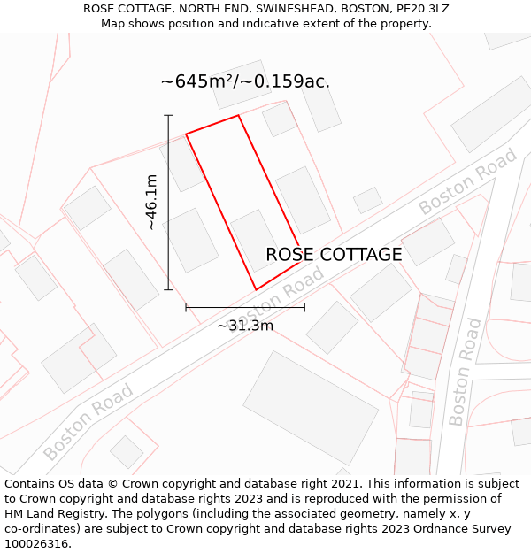 ROSE COTTAGE, NORTH END, SWINESHEAD, BOSTON, PE20 3LZ: Plot and title map