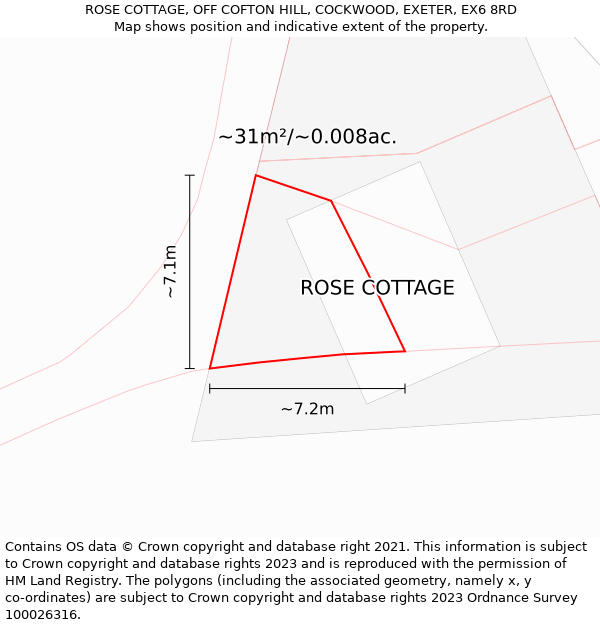 ROSE COTTAGE, OFF COFTON HILL, COCKWOOD, EXETER, EX6 8RD: Plot and title map