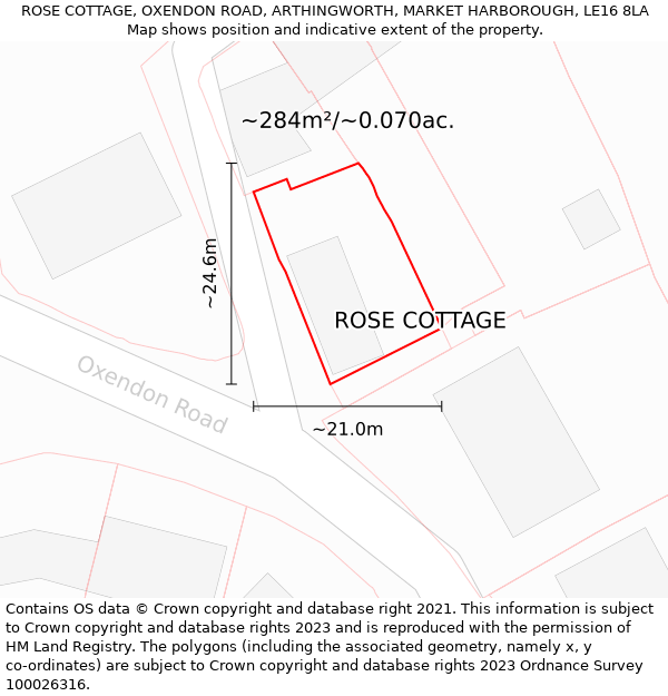 ROSE COTTAGE, OXENDON ROAD, ARTHINGWORTH, MARKET HARBOROUGH, LE16 8LA: Plot and title map