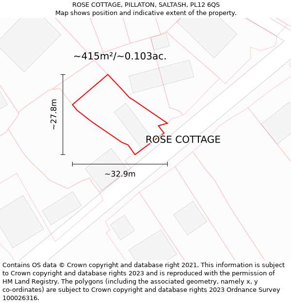 ROSE COTTAGE, PILLATON, SALTASH, PL12 6QS: Plot and title map