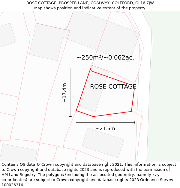 ROSE COTTAGE, PROSPER LANE, COALWAY, COLEFORD, GL16 7JW: Plot and title map