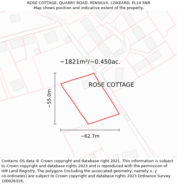 ROSE COTTAGE, QUARRY ROAD, PENSILVA, LISKEARD, PL14 5NR: Plot and title map