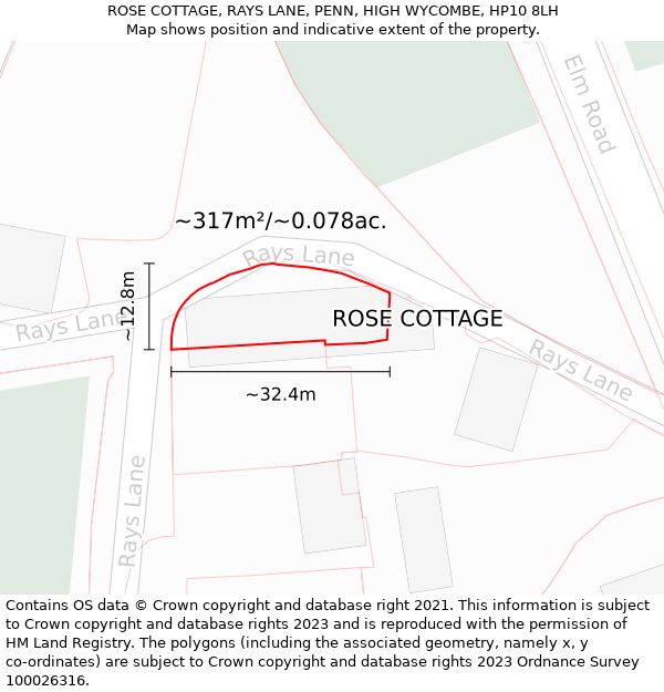 ROSE COTTAGE, RAYS LANE, PENN, HIGH WYCOMBE, HP10 8LH: Plot and title map