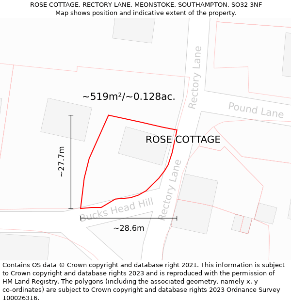 ROSE COTTAGE, RECTORY LANE, MEONSTOKE, SOUTHAMPTON, SO32 3NF: Plot and title map