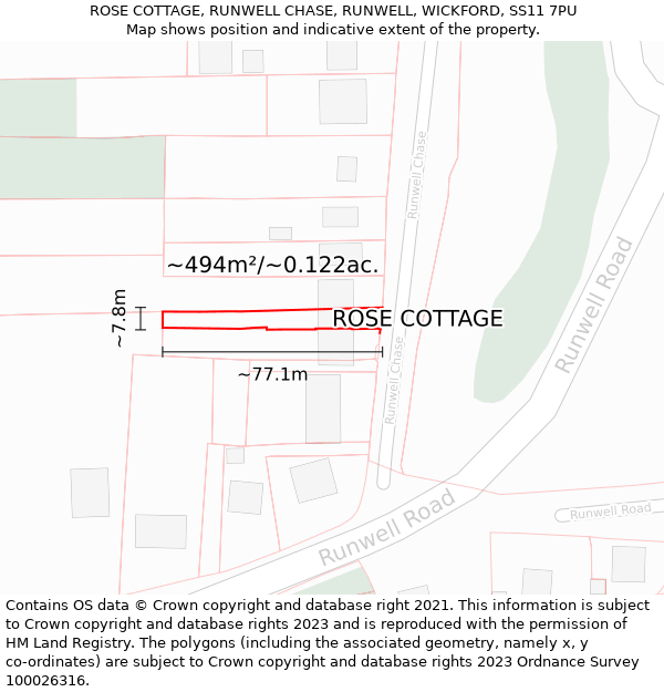 ROSE COTTAGE, RUNWELL CHASE, RUNWELL, WICKFORD, SS11 7PU: Plot and title map