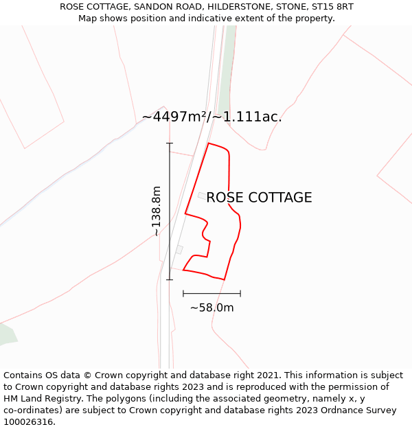 ROSE COTTAGE, SANDON ROAD, HILDERSTONE, STONE, ST15 8RT: Plot and title map