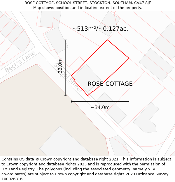 ROSE COTTAGE, SCHOOL STREET, STOCKTON, SOUTHAM, CV47 8JE: Plot and title map