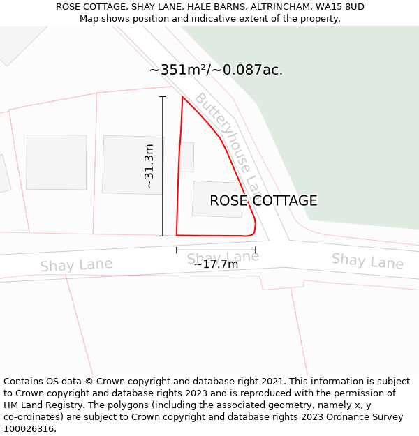 ROSE COTTAGE, SHAY LANE, HALE BARNS, ALTRINCHAM, WA15 8UD: Plot and title map