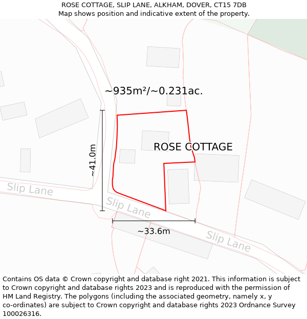 ROSE COTTAGE, SLIP LANE, ALKHAM, DOVER, CT15 7DB: Plot and title map