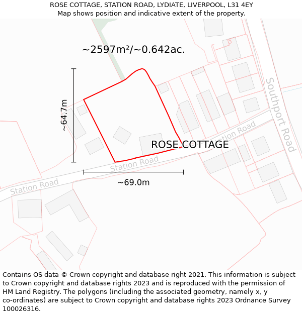 ROSE COTTAGE, STATION ROAD, LYDIATE, LIVERPOOL, L31 4EY: Plot and title map