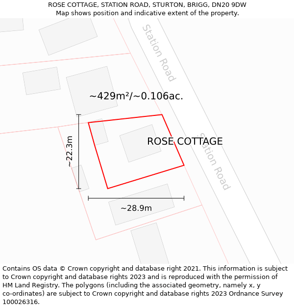 ROSE COTTAGE, STATION ROAD, STURTON, BRIGG, DN20 9DW: Plot and title map