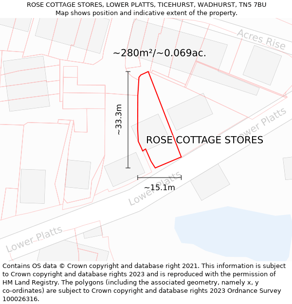 ROSE COTTAGE STORES, LOWER PLATTS, TICEHURST, WADHURST, TN5 7BU: Plot and title map