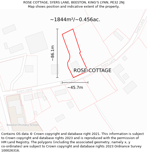 ROSE COTTAGE, SYERS LANE, BEESTON, KING'S LYNN, PE32 2NJ: Plot and title map