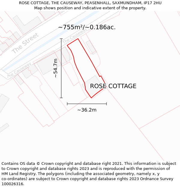 ROSE COTTAGE, THE CAUSEWAY, PEASENHALL, SAXMUNDHAM, IP17 2HU: Plot and title map