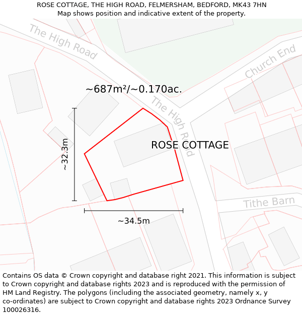 ROSE COTTAGE, THE HIGH ROAD, FELMERSHAM, BEDFORD, MK43 7HN: Plot and title map