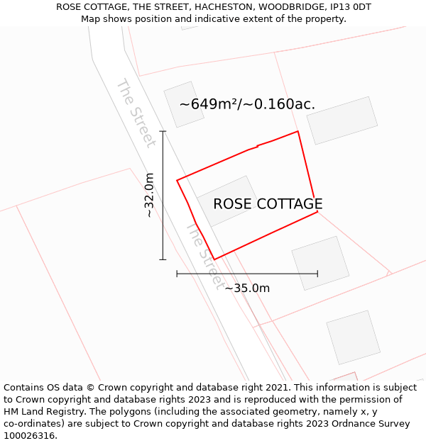 ROSE COTTAGE, THE STREET, HACHESTON, WOODBRIDGE, IP13 0DT: Plot and title map