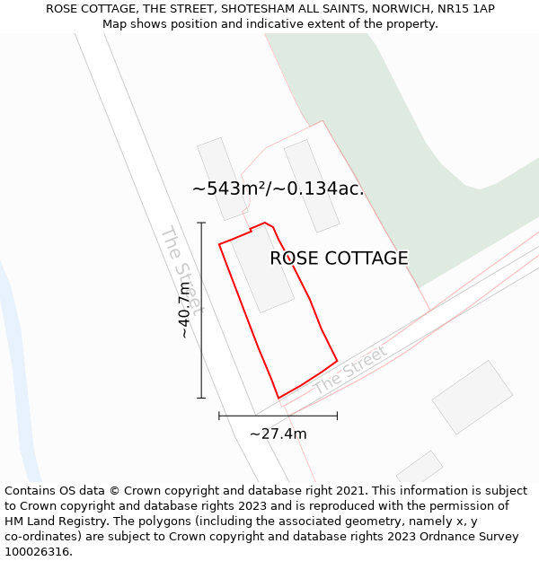 ROSE COTTAGE, THE STREET, SHOTESHAM ALL SAINTS, NORWICH, NR15 1AP: Plot and title map
