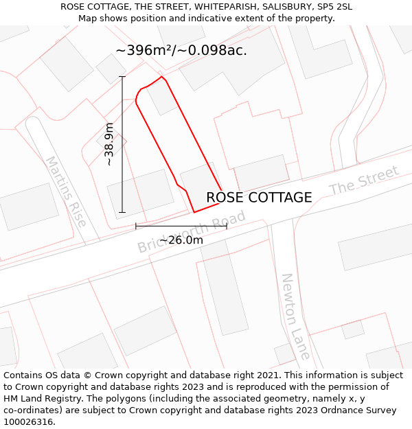 ROSE COTTAGE, THE STREET, WHITEPARISH, SALISBURY, SP5 2SL: Plot and title map