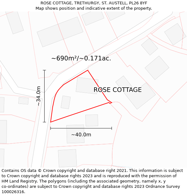 ROSE COTTAGE, TRETHURGY, ST. AUSTELL, PL26 8YF: Plot and title map
