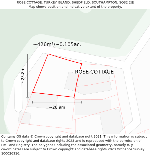 ROSE COTTAGE, TURKEY ISLAND, SHEDFIELD, SOUTHAMPTON, SO32 2JE: Plot and title map