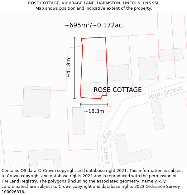 ROSE COTTAGE, VICARAGE LANE, HARMSTON, LINCOLN, LN5 9SL: Plot and title map