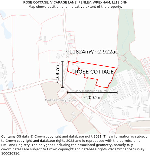 ROSE COTTAGE, VICARAGE LANE, PENLEY, WREXHAM, LL13 0NH: Plot and title map