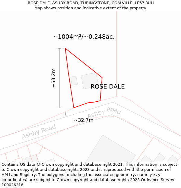 ROSE DALE, ASHBY ROAD, THRINGSTONE, COALVILLE, LE67 8UH: Plot and title map