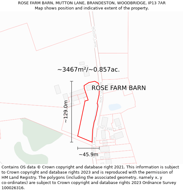 ROSE FARM BARN, MUTTON LANE, BRANDESTON, WOODBRIDGE, IP13 7AR: Plot and title map