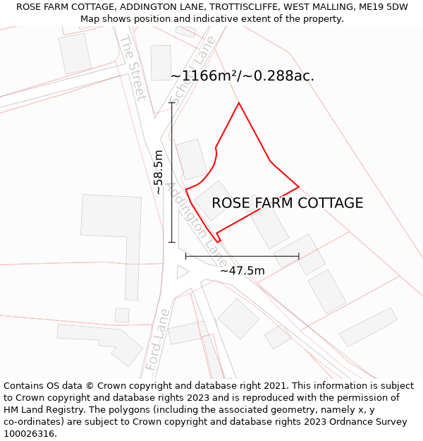 ROSE FARM COTTAGE, ADDINGTON LANE, TROTTISCLIFFE, WEST MALLING, ME19 5DW: Plot and title map