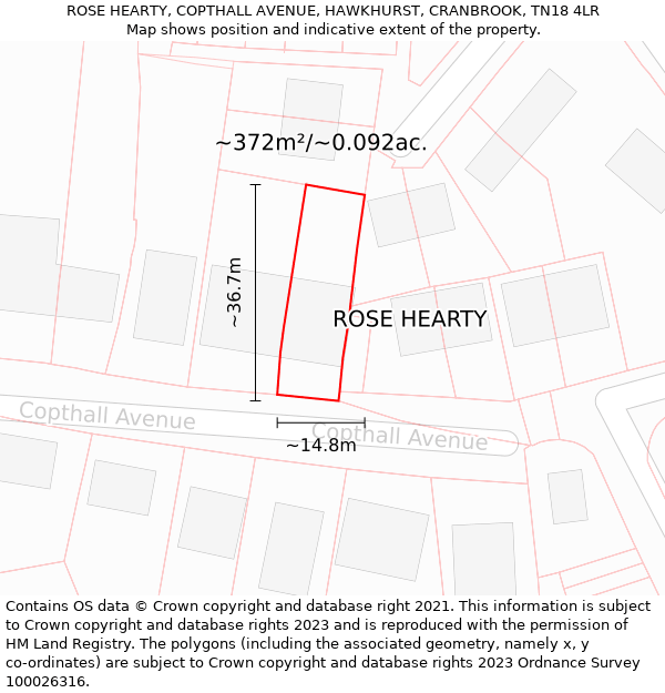 ROSE HEARTY, COPTHALL AVENUE, HAWKHURST, CRANBROOK, TN18 4LR: Plot and title map