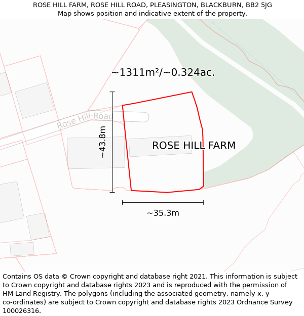 ROSE HILL FARM, ROSE HILL ROAD, PLEASINGTON, BLACKBURN, BB2 5JG: Plot and title map