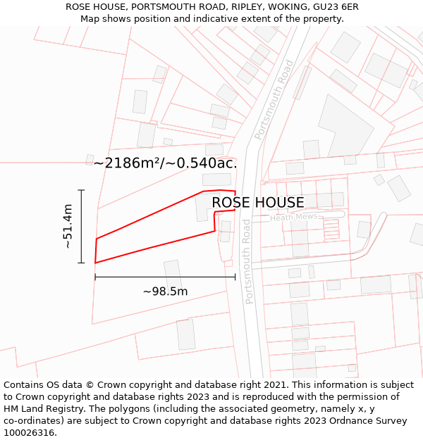 ROSE HOUSE, PORTSMOUTH ROAD, RIPLEY, WOKING, GU23 6ER: Plot and title map
