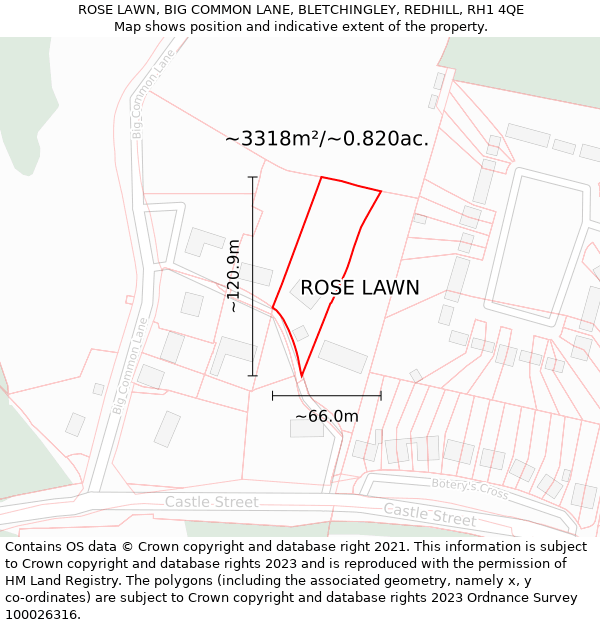 ROSE LAWN, BIG COMMON LANE, BLETCHINGLEY, REDHILL, RH1 4QE: Plot and title map