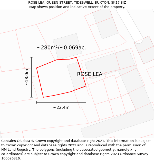 ROSE LEA, QUEEN STREET, TIDESWELL, BUXTON, SK17 8JZ: Plot and title map