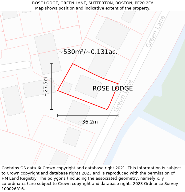 ROSE LODGE, GREEN LANE, SUTTERTON, BOSTON, PE20 2EA: Plot and title map