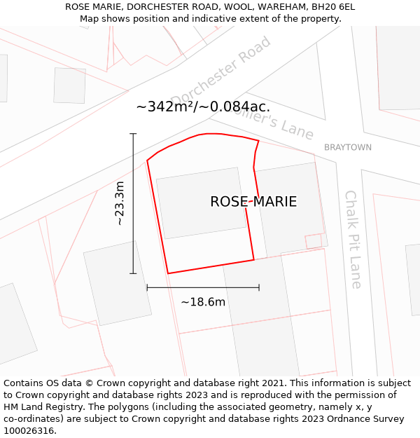 ROSE MARIE, DORCHESTER ROAD, WOOL, WAREHAM, BH20 6EL: Plot and title map