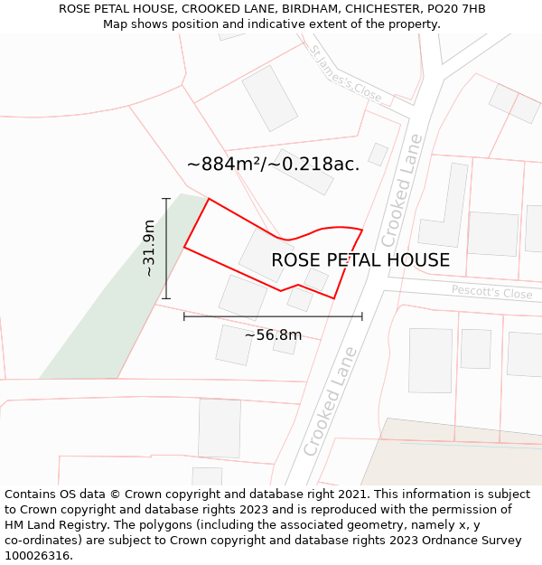 ROSE PETAL HOUSE, CROOKED LANE, BIRDHAM, CHICHESTER, PO20 7HB: Plot and title map
