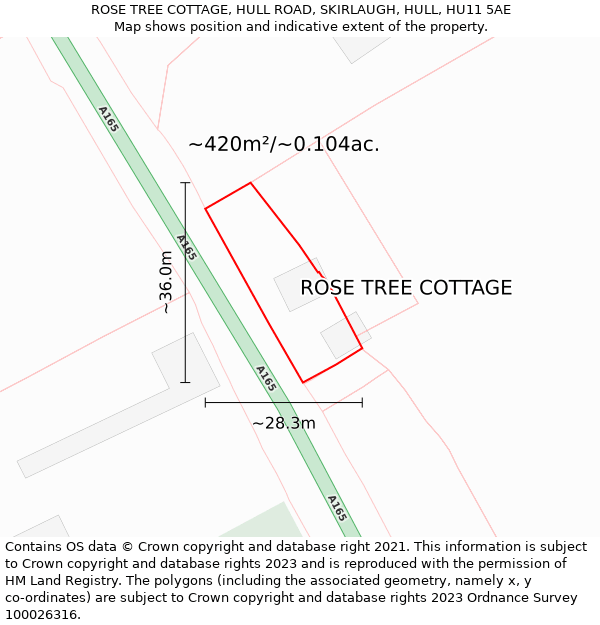 ROSE TREE COTTAGE, HULL ROAD, SKIRLAUGH, HULL, HU11 5AE: Plot and title map