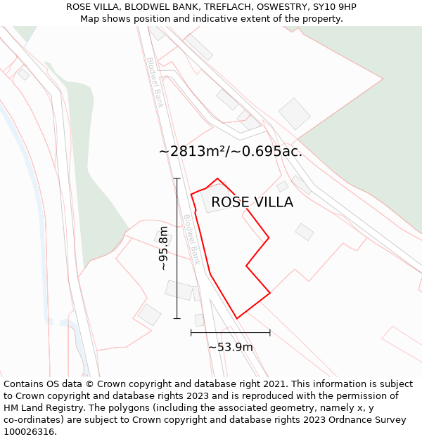 ROSE VILLA, BLODWEL BANK, TREFLACH, OSWESTRY, SY10 9HP: Plot and title map