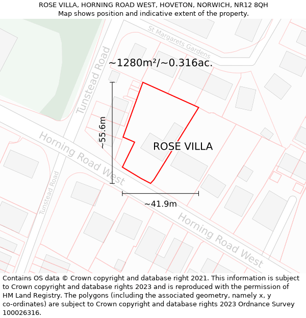 ROSE VILLA, HORNING ROAD WEST, HOVETON, NORWICH, NR12 8QH: Plot and title map