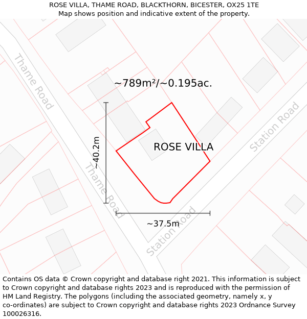 ROSE VILLA, THAME ROAD, BLACKTHORN, BICESTER, OX25 1TE: Plot and title map