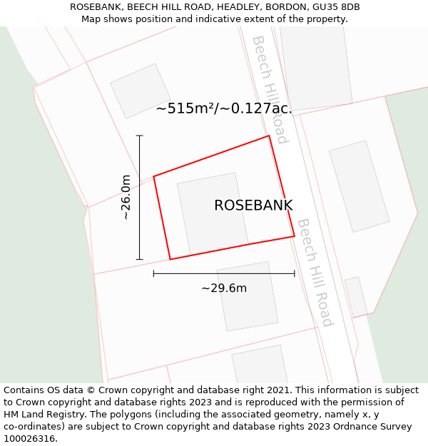 ROSEBANK, BEECH HILL ROAD, HEADLEY, BORDON, GU35 8DB: Plot and title map