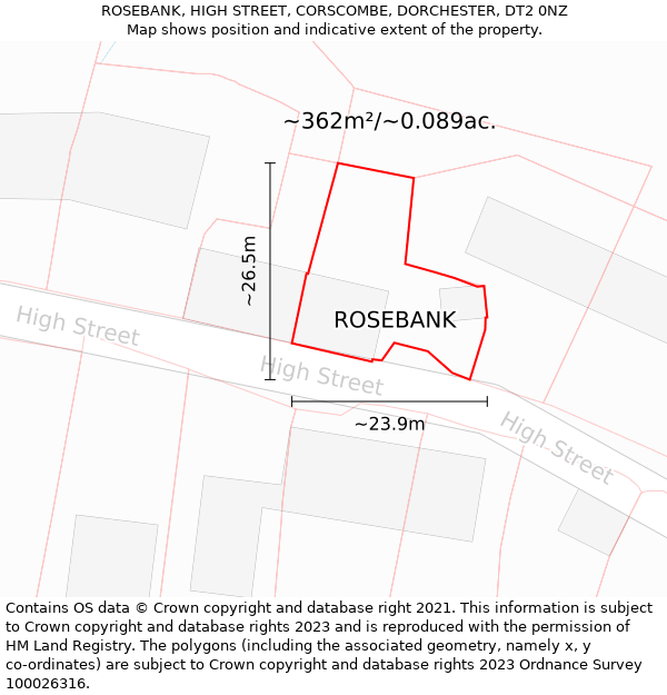 ROSEBANK, HIGH STREET, CORSCOMBE, DORCHESTER, DT2 0NZ: Plot and title map